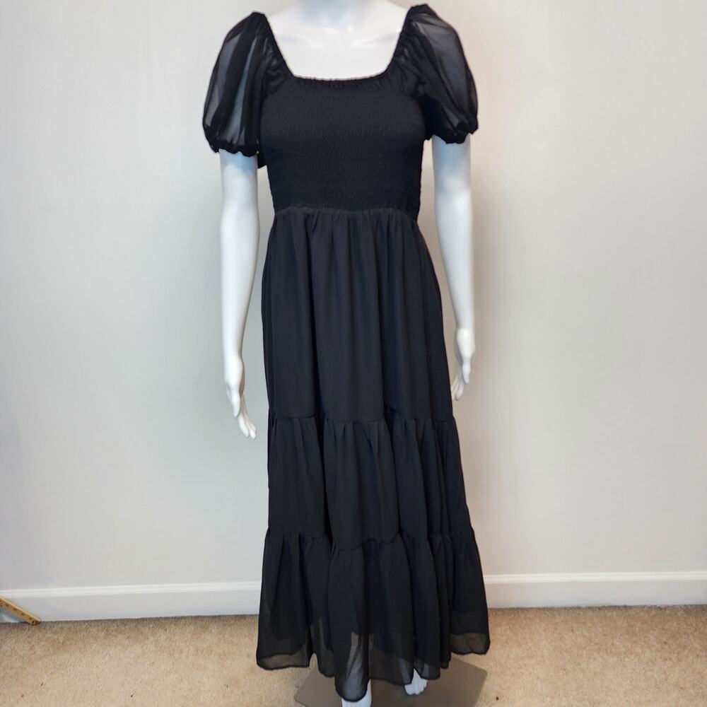 Anthropologie Moon River Tiered Smocked Maxi Dress Size S Black Sheer Sleeves